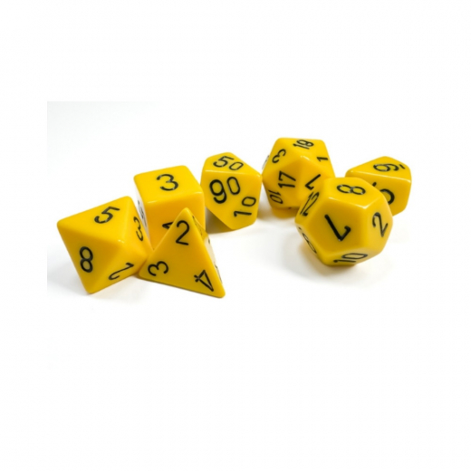 Dice Set 7 Opaque Yellow/Black i gruppen SELSKABSSPIL / Tilbehør / Terninger & tilbehør hos Spelexperten (CHX25402)